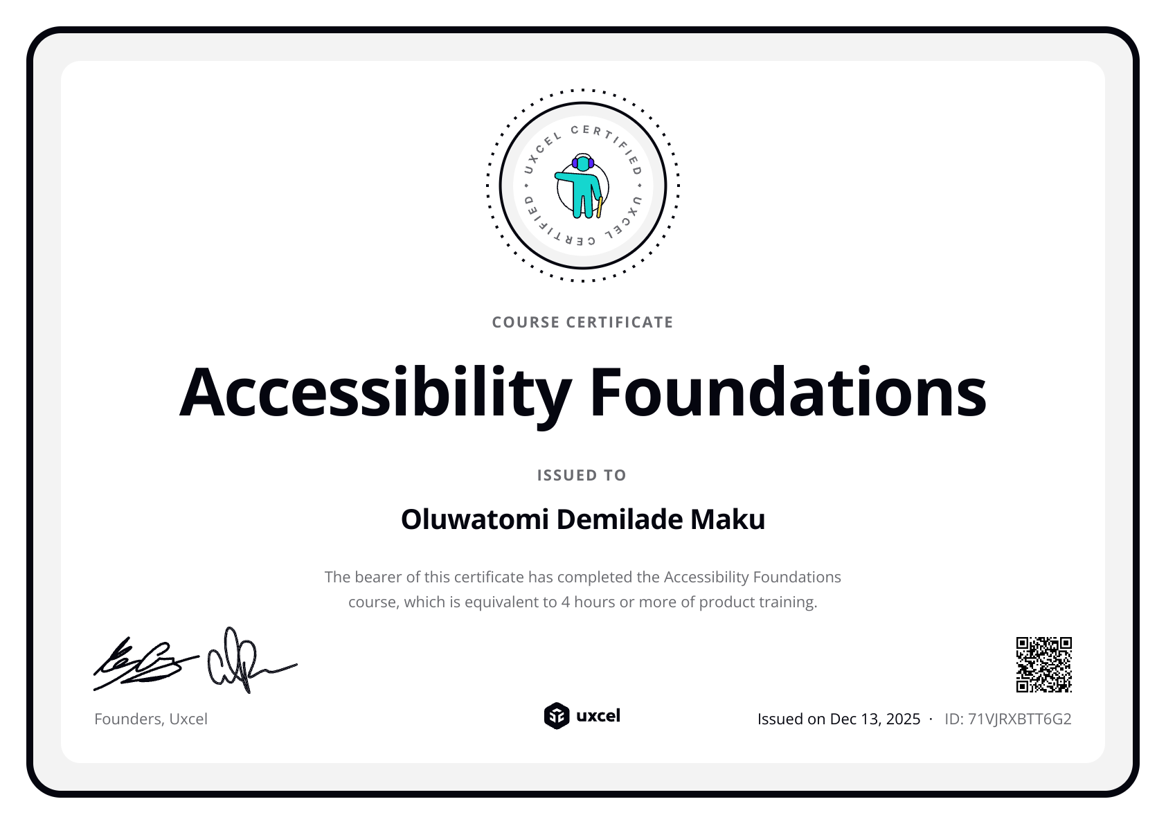 Oluwatomi Demilade Maku's certificate